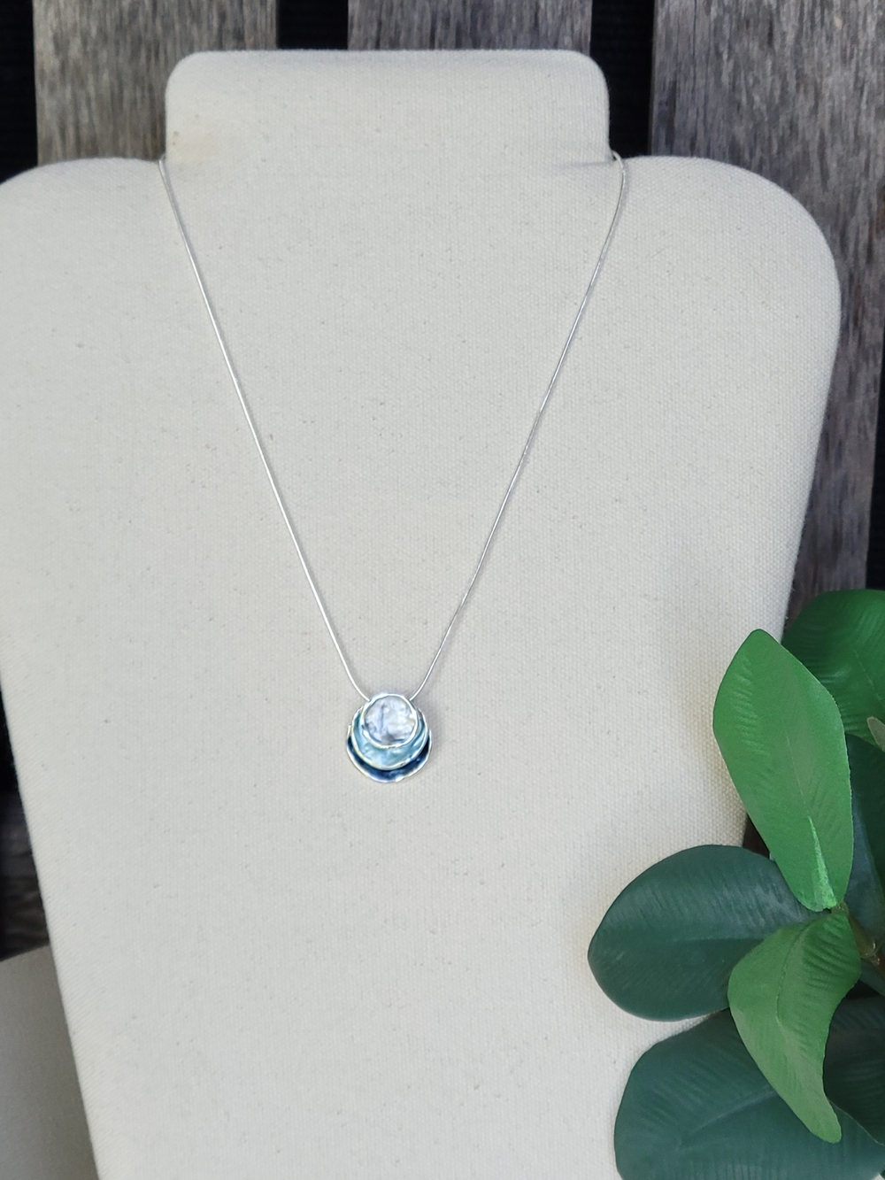 Silver Necklace with Layered Iridescent Blue Enamel Discs 16" + 2" - Picture 3 of 3